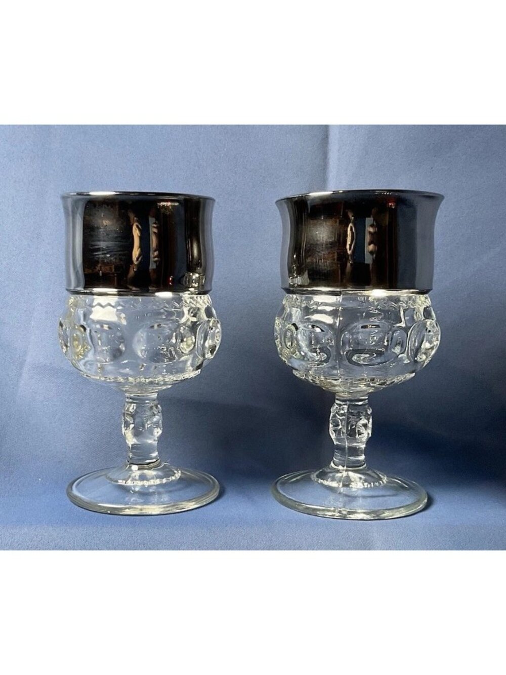 Vintage Silver Rim Goblets Pair Pressed Glass Medallion Pattern Retro Barware 6”